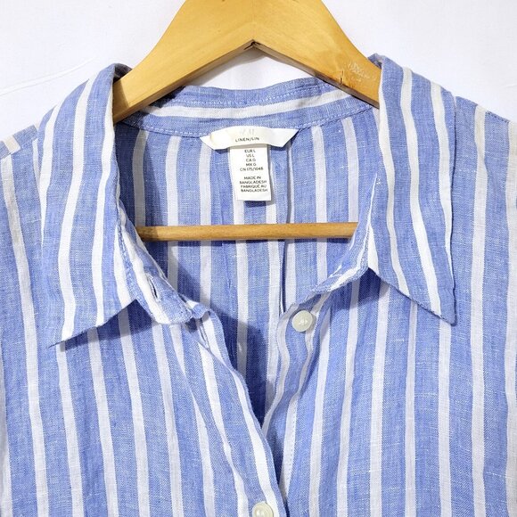 H&M Womens 100% Linen Button Down Top Size L Short Sleeve Blue Striped Coastal - Picture 2 of 11